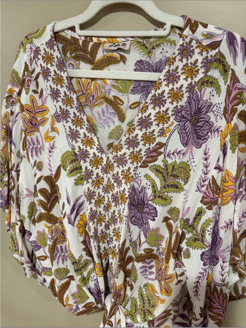 V-Neck Tie-Front Floral Blouse in White with Purple & Olive - Picture 3 of 3
